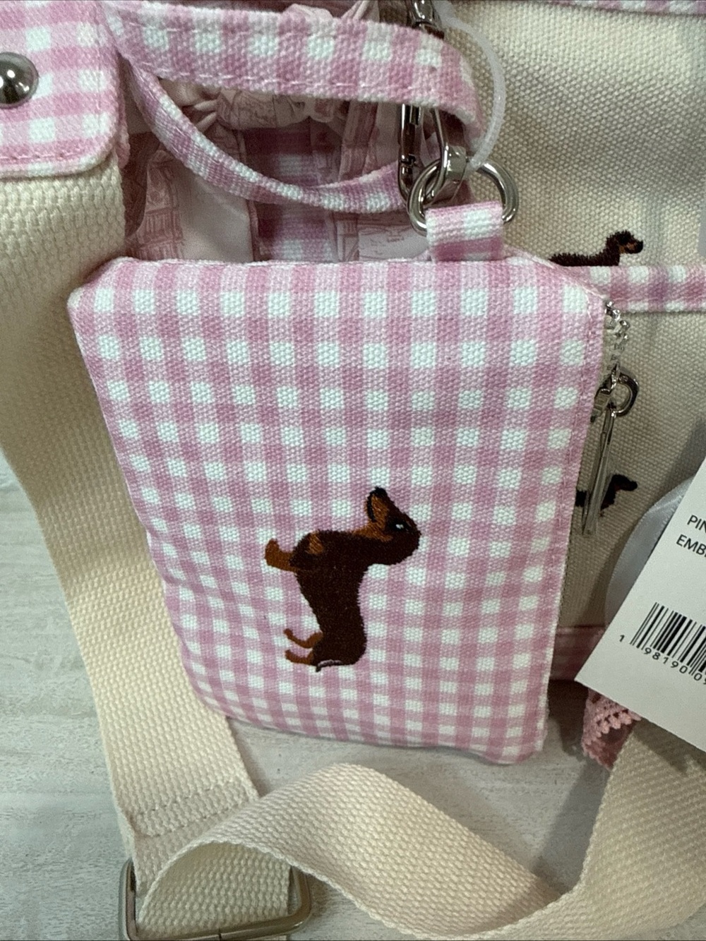 Madden Girl Dachshund Doxie Dog Pink Gingham Vidal Tote Bag CharmS NWT - Picture 5 of 14